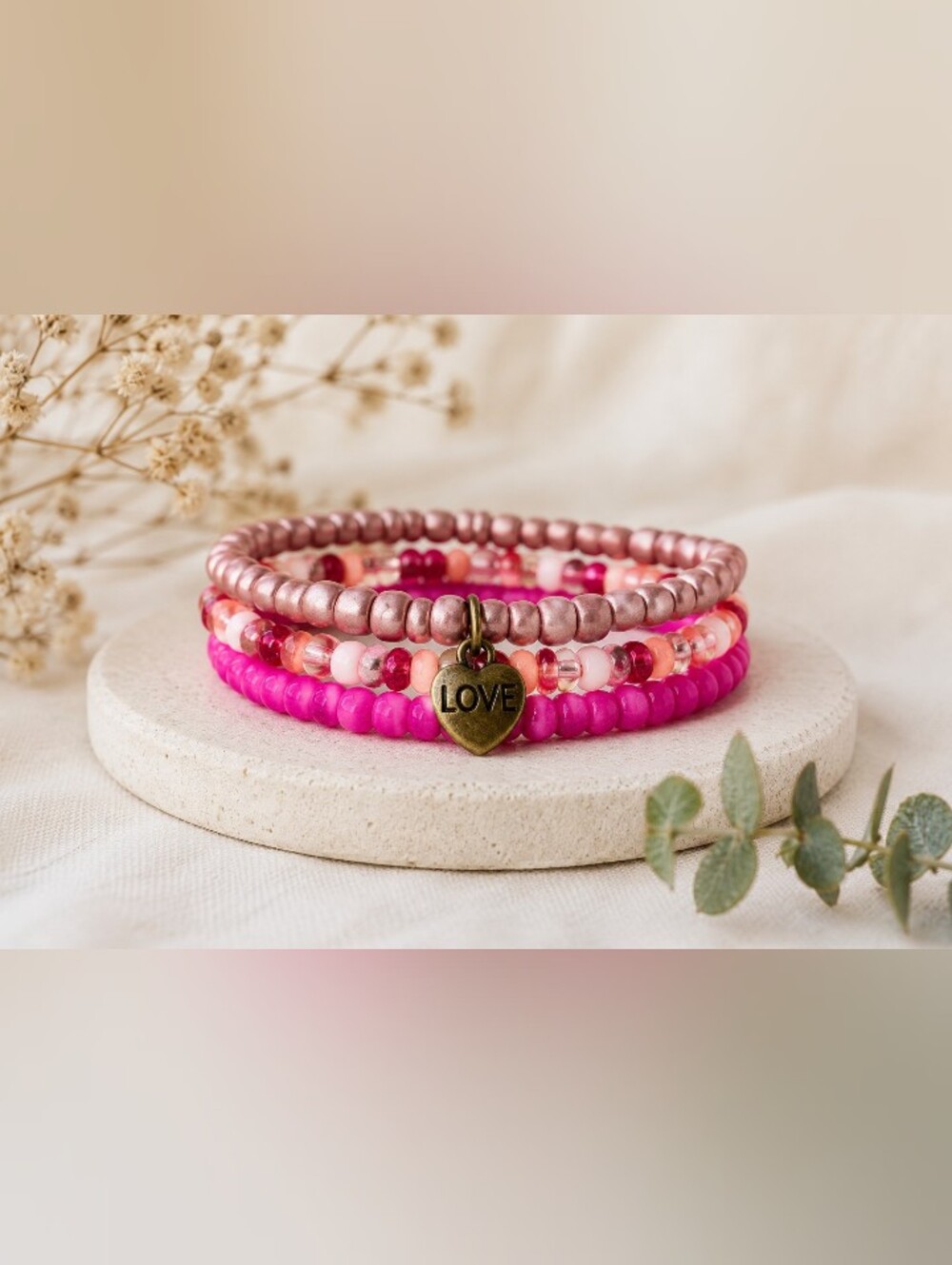 Pink Beaded Bracelet Set | Handmade 3-Piece Stretch Bracelet Stack | Hot Pink, R